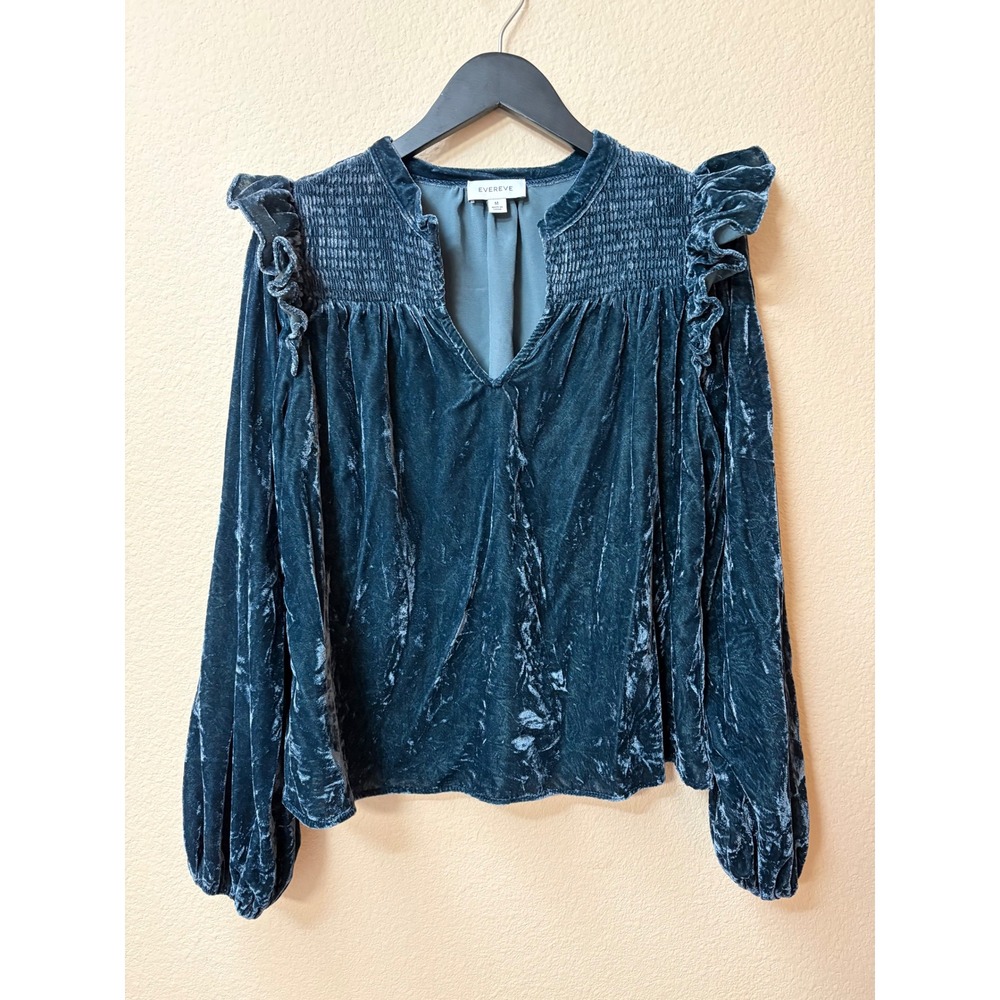 Evereve Elegant Blue Velvet Smocked Ruffle V-Neck Blouse Top WBL117553-E-SL M - Picture 2 of 8